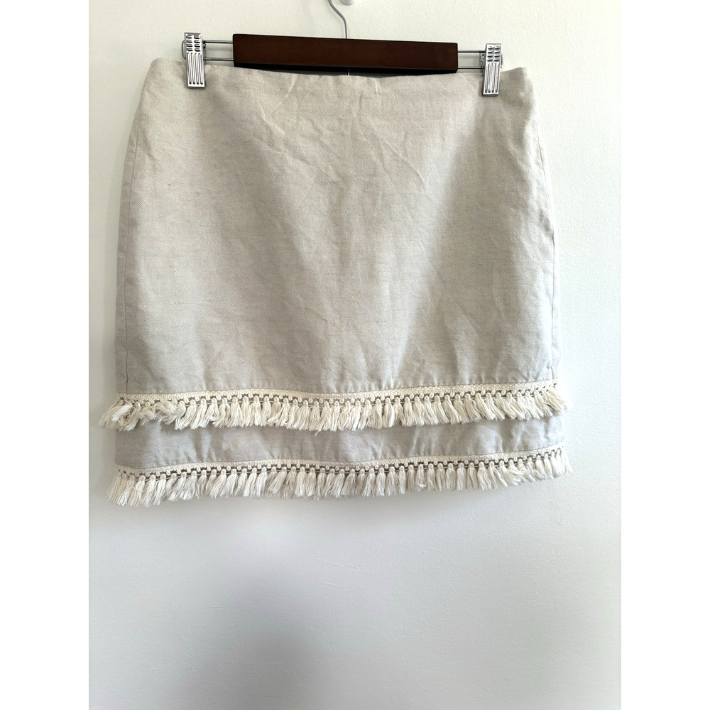 Ann Taylor LOFT Cotton‎ Linen Fringe Tassel Mini Skirt Beige 413076 Womens 6